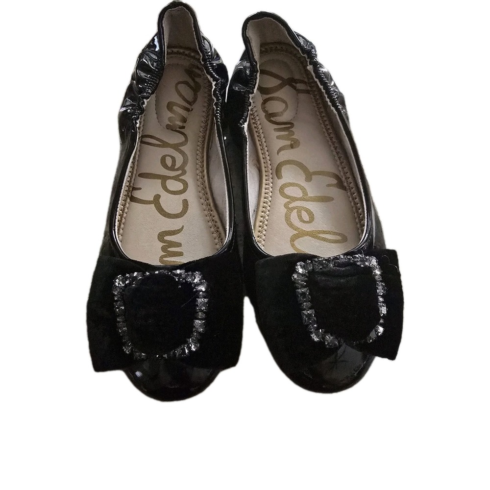 Sam Edelman Farah Girls Black Patent Ballet Flats Jeweled Velvet Buckle US 4M